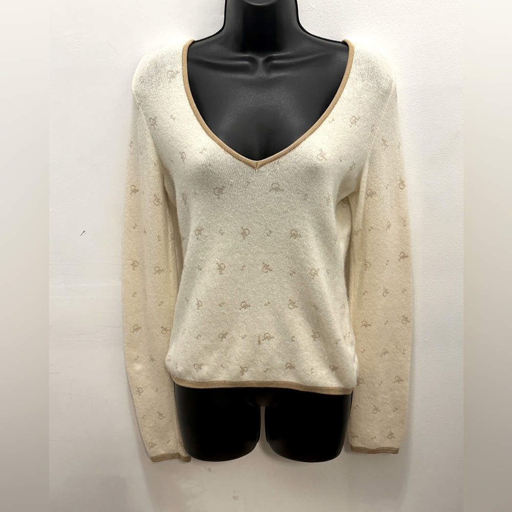 RoccoBarocco Wool/Angora Blend White/Tan V-neck Sweater - Size EU40 / US 10 VNTG